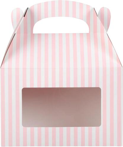 Bio Tek 8.5 x 4.8 x 5.5 Inch Gable Boxes For Party Favors, 25 Attractive Gift Boxes - Striped Design, With Clear PET Window, Pink And White Paper Barn Boxes, Built-In Handle