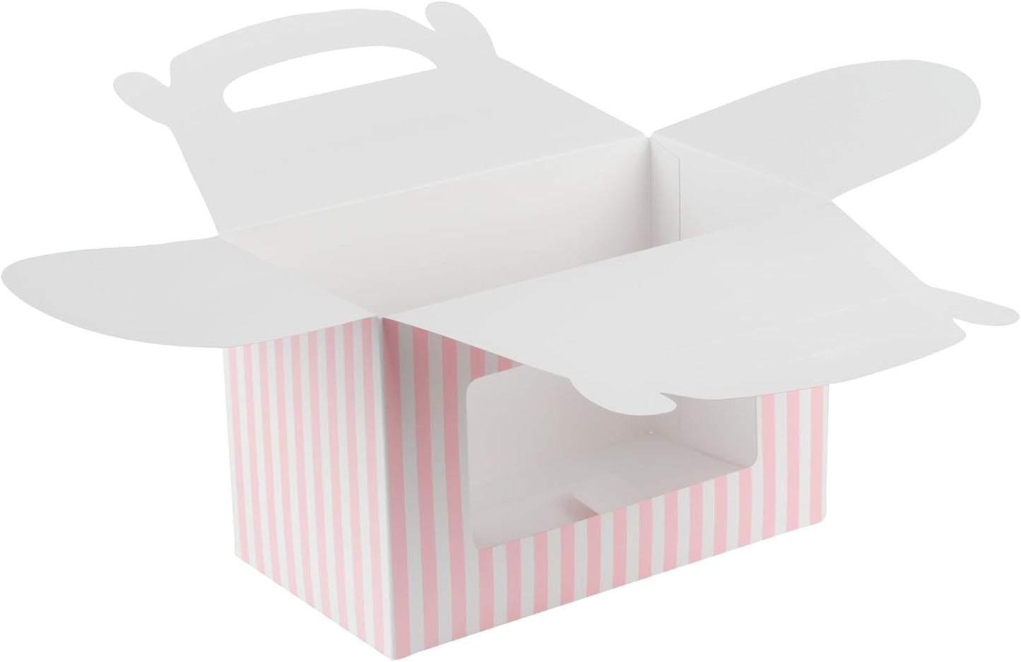 Bio Tek 8.5 x 4.8 x 5.5 Inch Gable Boxes For Party Favors, 25 Attractive Gift Boxes - Striped Design, With Clear PET Window, Pink And White Paper Barn Boxes, Built-In Handle