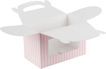 Bio Tek 8.5 x 4.8 x 5.5 Inch Gable Boxes For Party Favors, 25 Attractive Gift Boxes - Striped Design, With Clear PET Window, Pink And White Paper Barn Boxes, Built-In Handle