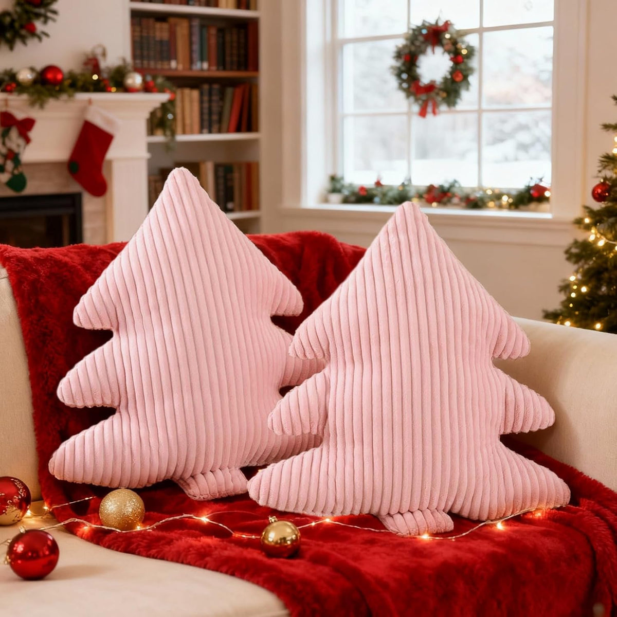 Christmas Tree Pillows Set of 2, Christmas Decoration Narrow Stripes Winter Throw Pillow Soft Cute 3D Shaped Xmas Tree Throw Cushion for Sofa Bedroom Xmas Decor (18x16 inch, Pink)