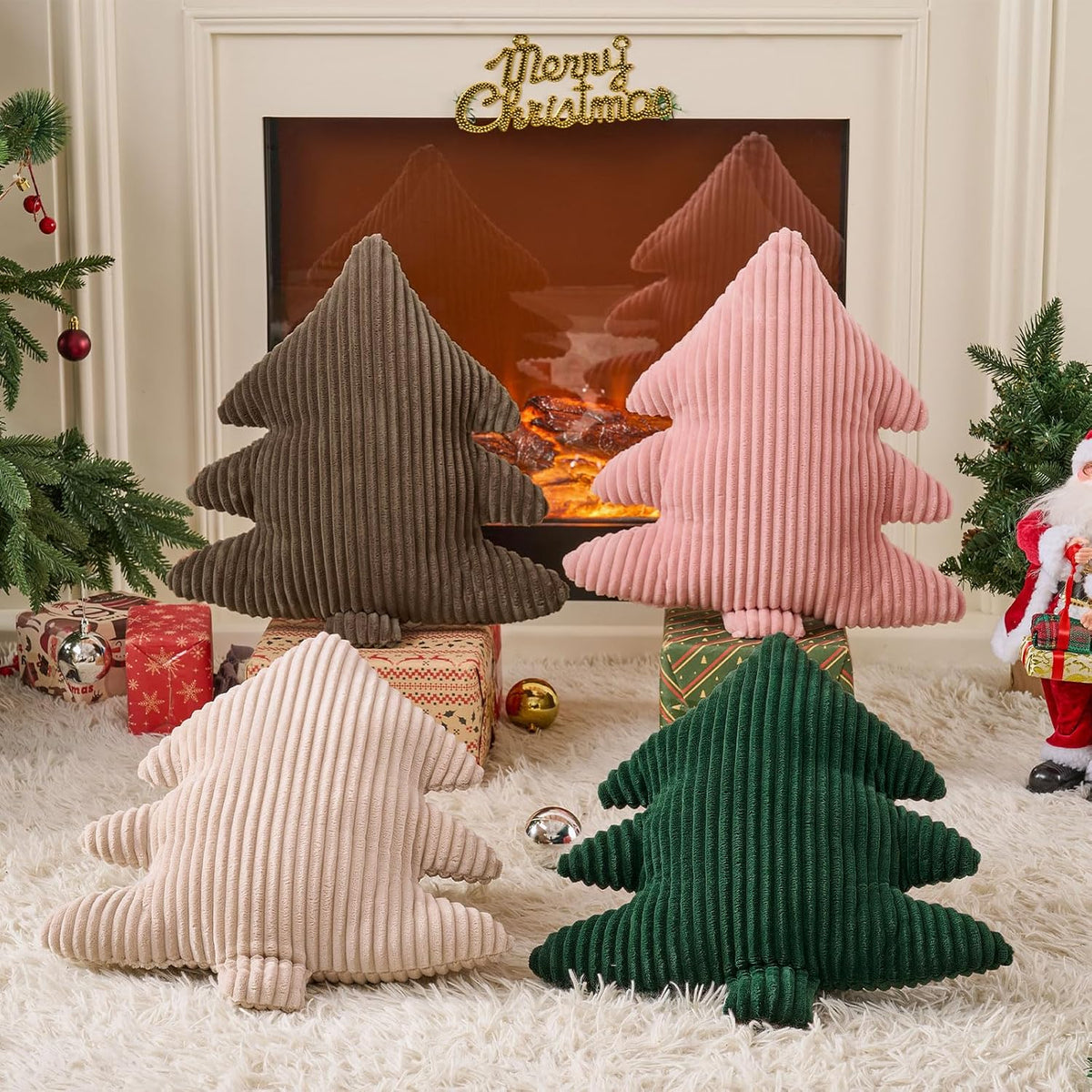 Christmas Tree Pillows Set of 2, Christmas Decoration Narrow Stripes Winter Throw Pillow Soft Cute 3D Shaped Xmas Tree Throw Cushion for Sofa Bedroom Xmas Decor (18x16 inch, Pink)