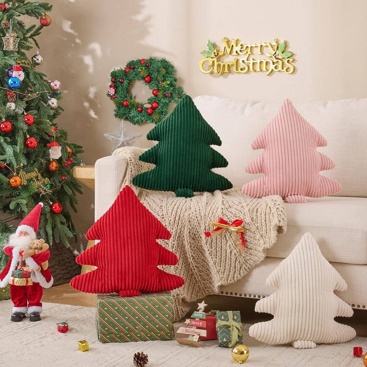 Christmas Tree Pillows Set of 2, Christmas Decoration Narrow Stripes Winter Throw Pillow Soft Cute 3D Shaped Xmas Tree Throw Cushion for Sofa Bedroom Xmas Decor (18x16 inch, Pink)