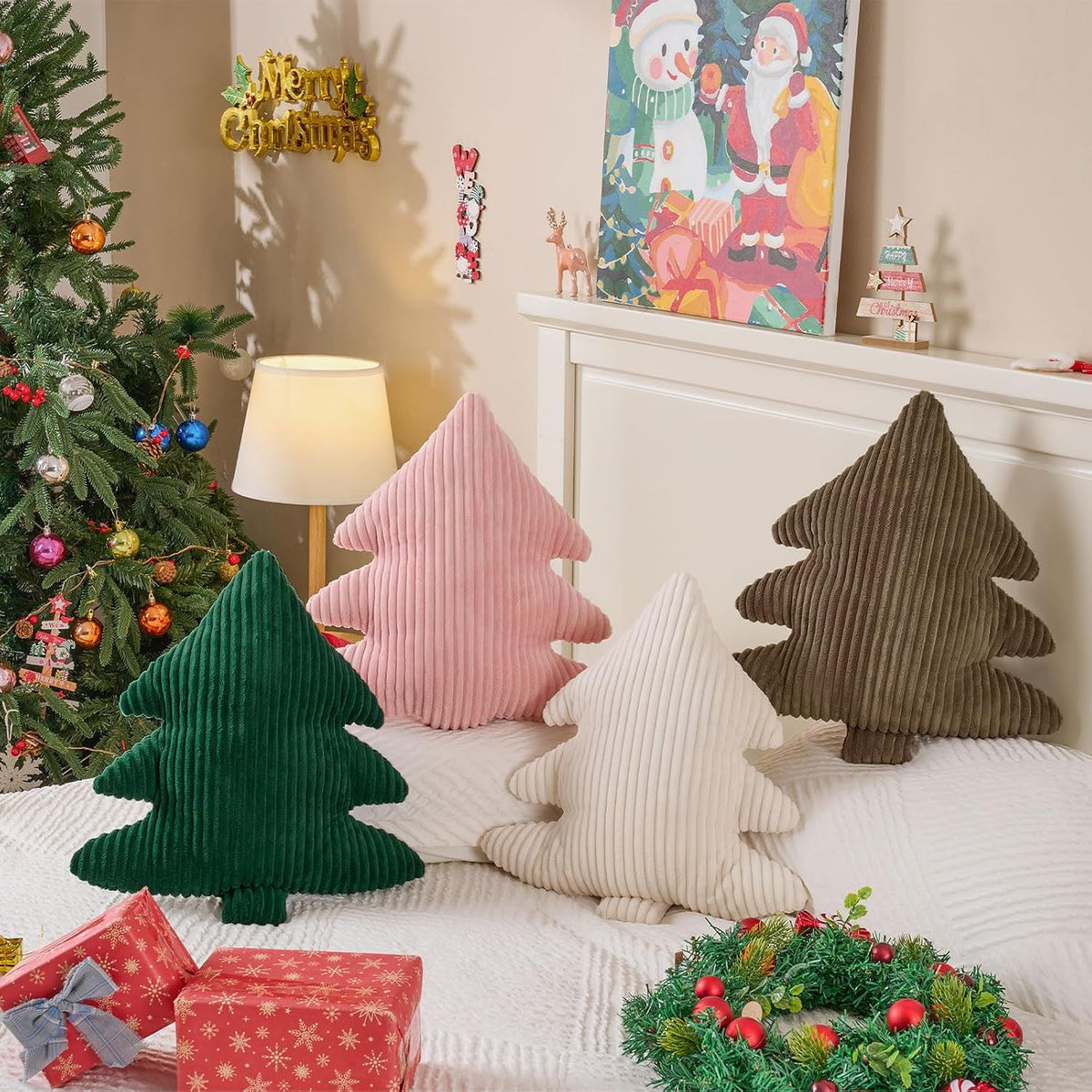 Christmas Tree Pillows Set of 2, Christmas Decoration Narrow Stripes Winter Throw Pillow Soft Cute 3D Shaped Xmas Tree Throw Cushion for Sofa Bedroom Xmas Decor (18x16 inch, Pink)