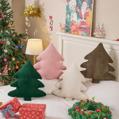 Christmas Tree Pillows Set of 2, Christmas Decoration Narrow Stripes Winter Throw Pillow Soft Cute 3D Shaped Xmas Tree Throw Cushion for Sofa Bedroom Xmas Decor (18x16 inch, Pink)