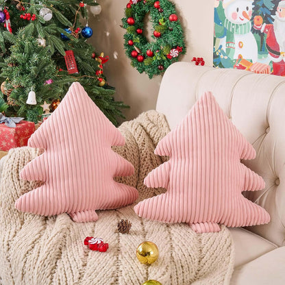 Christmas Tree Pillows Set of 2, Christmas Decoration Narrow Stripes Winter Throw Pillow Soft Cute 3D Shaped Xmas Tree Throw Cushion for Sofa Bedroom Xmas Decor (18x16 inch, Pink)