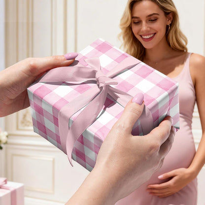 Pink Gingham Wrapping Paper, Baby Girl Shower Gift Wrap