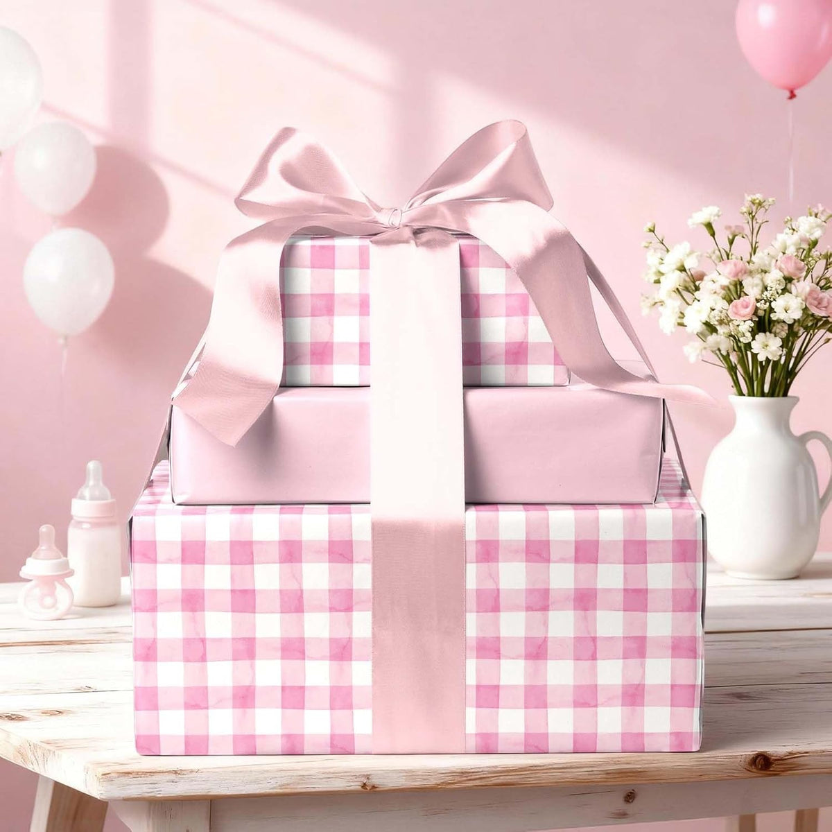Pink Gingham Wrapping Paper, Baby Girl Shower Gift Wrap