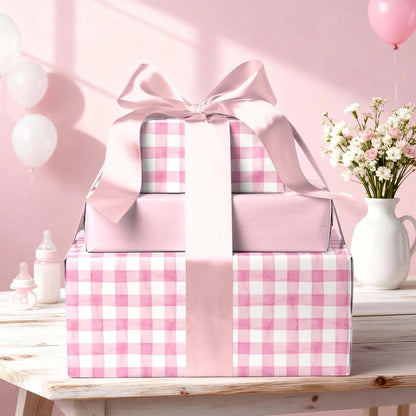 Pink Gingham Wrapping Paper, Baby Girl Shower Gift Wrap