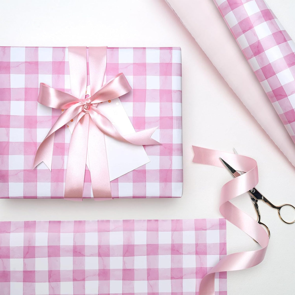 Pink Gingham Wrapping Paper, Baby Girl Shower Gift Wrap