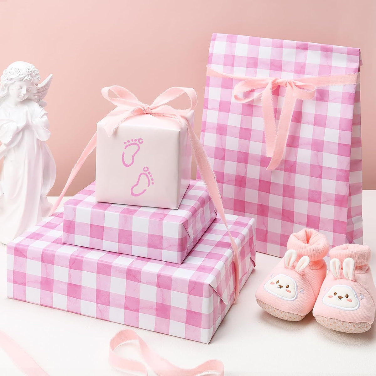 Pink Gingham Wrapping Paper, Baby Girl Shower Gift Wrap