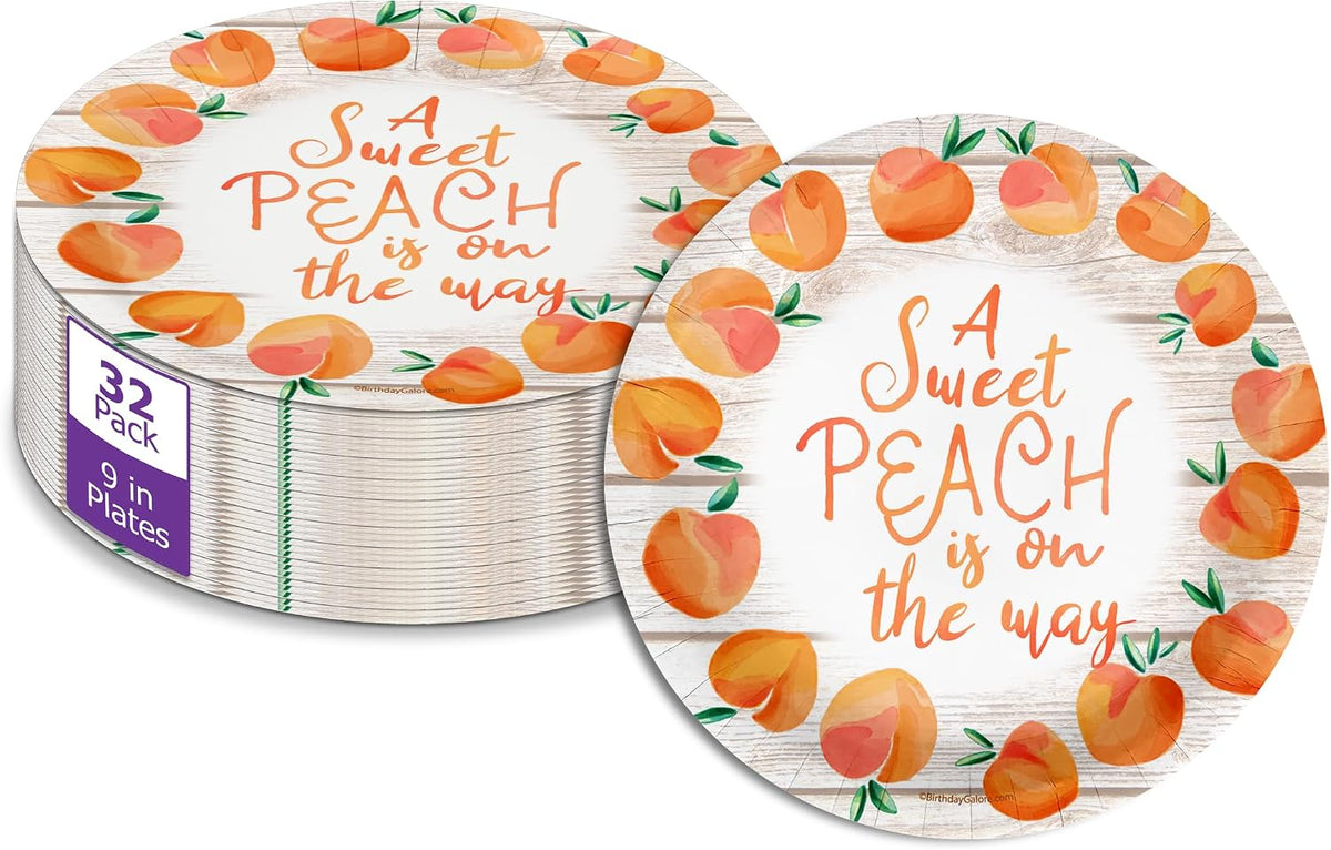 Sweet Peach on the Way Gender Reveal Baby Shower – 32 Pieces Large 9" Round Disposable Paper Plates – Ideal for Vibrant, Bright Themes, Celebrations, Party Decorations & Special Events