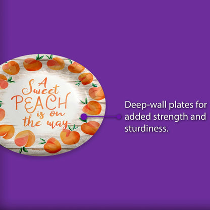 Sweet Peach on the Way Gender Reveal Baby Shower – 32 Pieces Large 9" Round Disposable Paper Plates – Ideal for Vibrant, Bright Themes, Celebrations, Party Decorations & Special Events