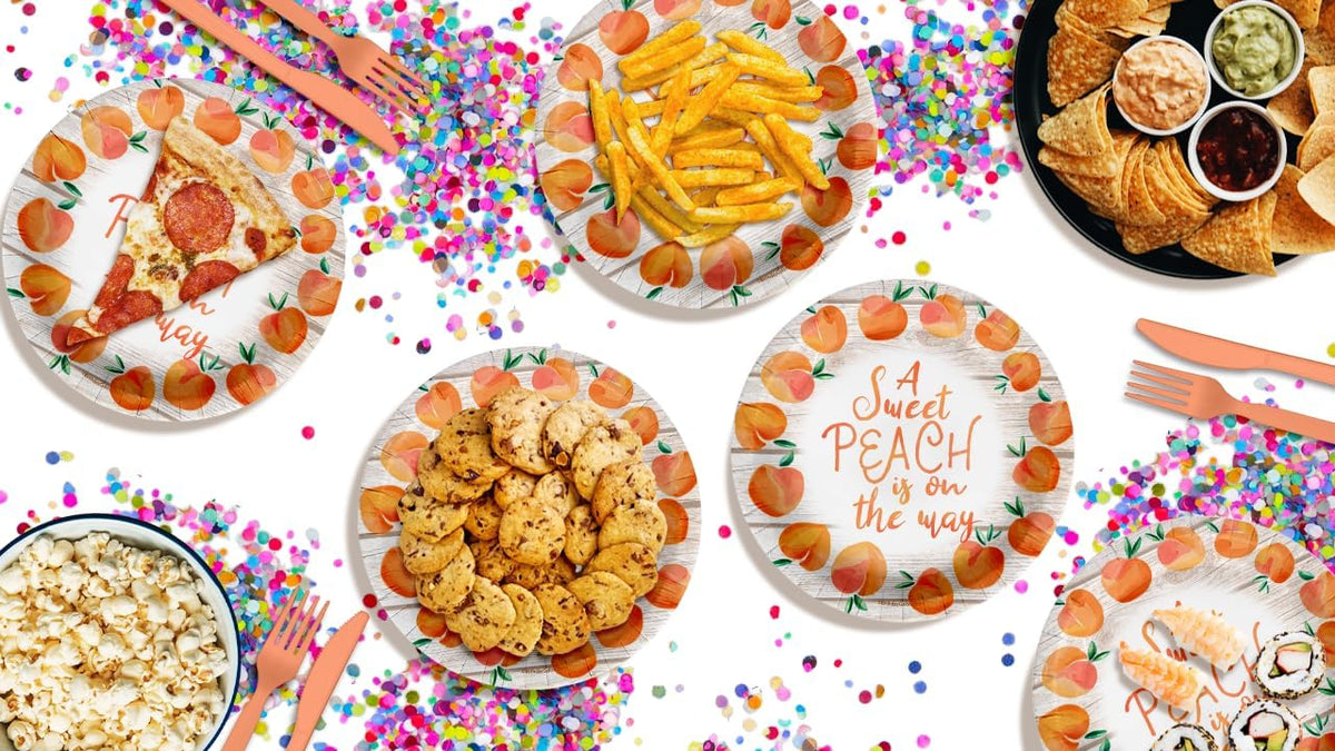 Sweet Peach on the Way Gender Reveal Baby Shower – 32 Pieces Large 9" Round Disposable Paper Plates – Ideal for Vibrant, Bright Themes, Celebrations, Party Decorations & Special Events