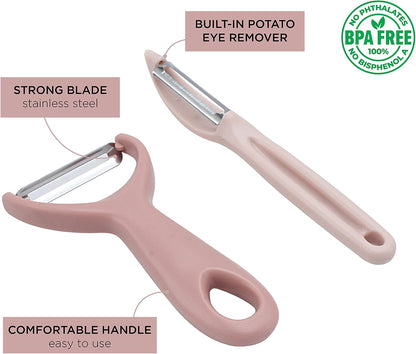 Social Chef 2-Piece Vegetable Peeler Set- Set of 2 Stainless Steel Blade Vegetable Peelers Set - Y Peeler and Swivel Peeler for Peeling Potatoes, Vegetables and Fruits (Pink)