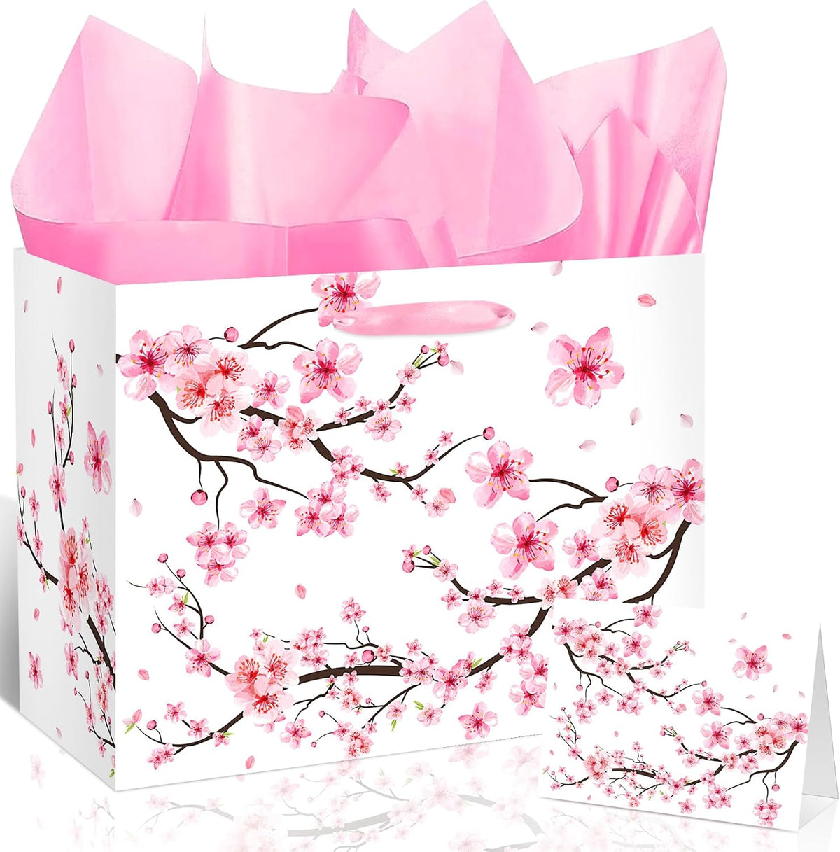 Large Cherry Blossom Gift Bag with Tissue Paper and Card Sakura Pink Gift Bags Floral Wrapping Paper Flower Cherry Blossom Party Decorations for Girls Women Birthday Bridal Shower Party Supplies
