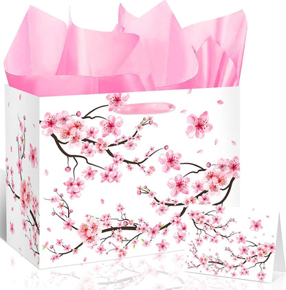 Large Cherry Blossom Gift Bag with Tissue Paper and Card Sakura Pink Gift Bags Floral Wrapping Paper Flower Cherry Blossom Party Decorations for Girls Women Birthday Bridal Shower Party Supplies