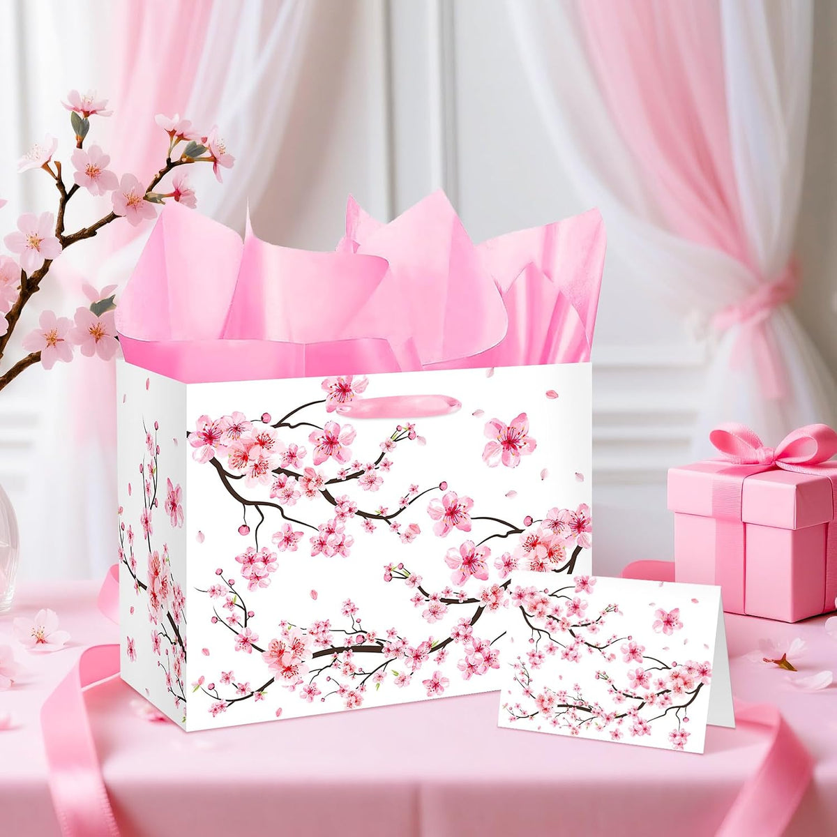 Large Cherry Blossom Gift Bag with Tissue Paper and Card Sakura Pink Gift Bags Floral Wrapping Paper Flower Cherry Blossom Party Decorations for Girls Women Birthday Bridal Shower Party Supplies