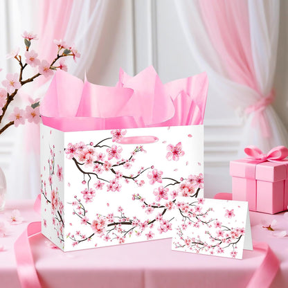 Large Cherry Blossom Gift Bag with Tissue Paper and Card Sakura Pink Gift Bags Floral Wrapping Paper Flower Cherry Blossom Party Decorations for Girls Women Birthday Bridal Shower Party Supplies