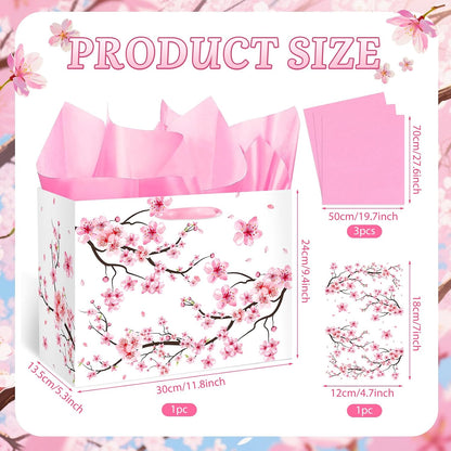 Large Cherry Blossom Gift Bag with Tissue Paper and Card Sakura Pink Gift Bags Floral Wrapping Paper Flower Cherry Blossom Party Decorations for Girls Women Birthday Bridal Shower Party Supplies