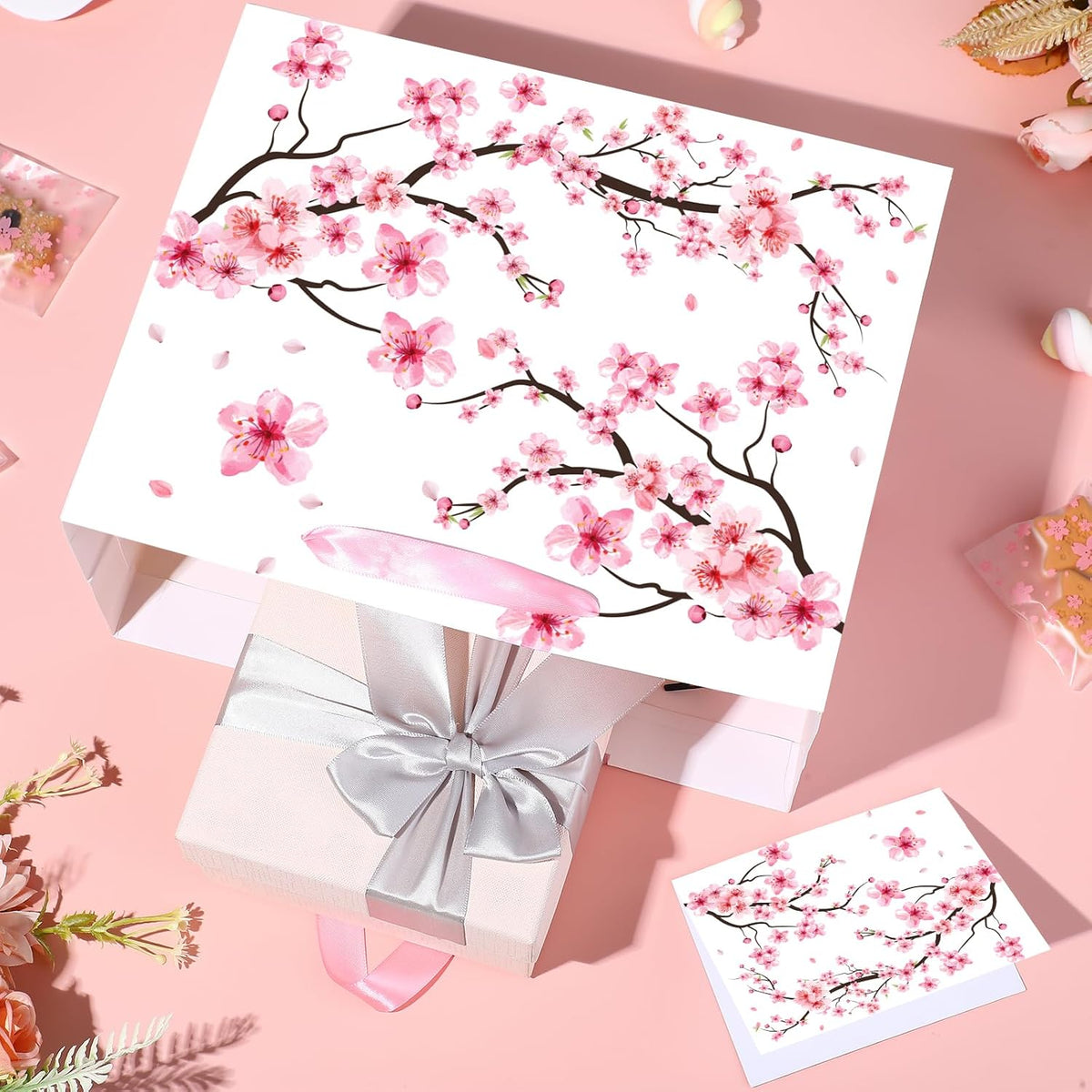 Large Cherry Blossom Gift Bag with Tissue Paper and Card Sakura Pink Gift Bags Floral Wrapping Paper Flower Cherry Blossom Party Decorations for Girls Women Birthday Bridal Shower Party Supplies