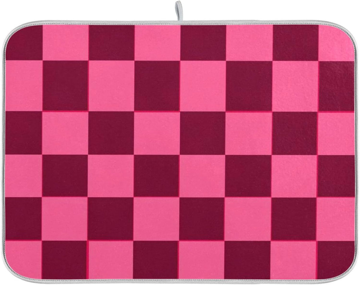 Checkered Hot Pink Dish Drying Mat for Kitchen Counter Kitchen Drying Mat Dish Rack Mat Dish Drainer Pad Microfiber Absorbent Washable Drying Pad for Countertop 16 x 18