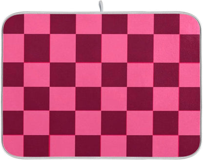 Checkered Hot Pink Dish Drying Mat for Kitchen Counter Kitchen Drying Mat Dish Rack Mat Dish Drainer Pad Microfiber Absorbent Washable Drying Pad for Countertop 16 x 18