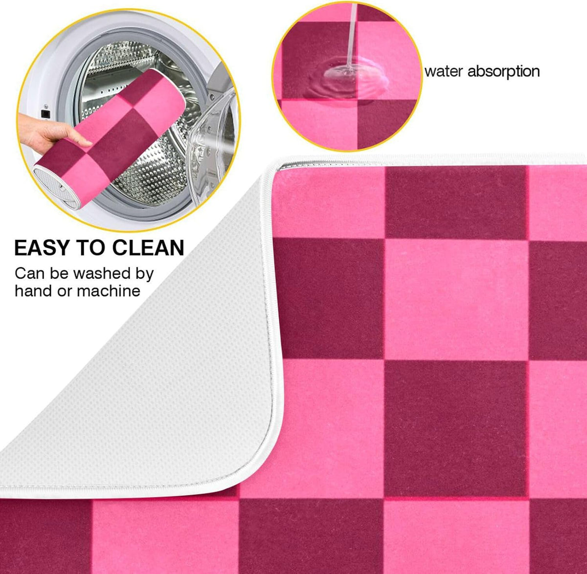 Checkered Hot Pink Dish Drying Mat for Kitchen Counter Kitchen Drying Mat Dish Rack Mat Dish Drainer Pad Microfiber Absorbent Washable Drying Pad for Countertop 16 x 18