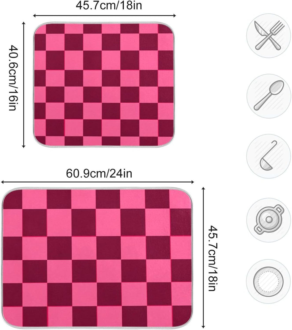 Checkered Hot Pink Dish Drying Mat for Kitchen Counter Kitchen Drying Mat Dish Rack Mat Dish Drainer Pad Microfiber Absorbent Washable Drying Pad for Countertop 16 x 18