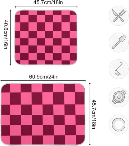 Checkered Hot Pink Dish Drying Mat for Kitchen Counter Kitchen Drying Mat Dish Rack Mat Dish Drainer Pad Microfiber Absorbent Washable Drying Pad for Countertop 16 x 18