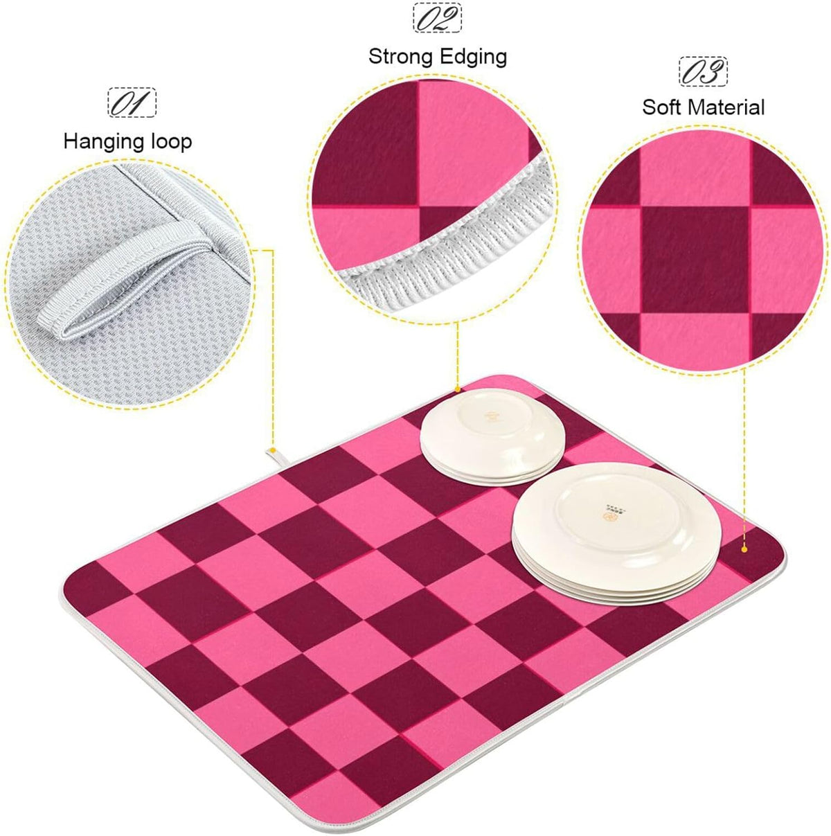 Checkered Hot Pink Dish Drying Mat for Kitchen Counter Kitchen Drying Mat Dish Rack Mat Dish Drainer Pad Microfiber Absorbent Washable Drying Pad for Countertop 16 x 18