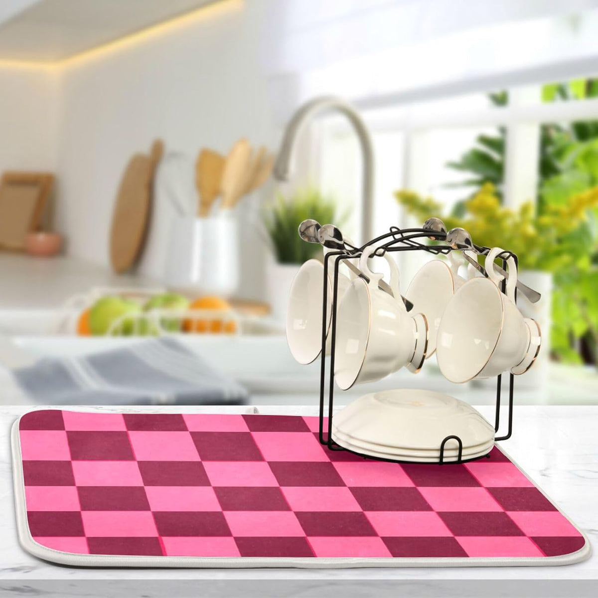 Checkered Hot Pink Dish Drying Mat for Kitchen Counter Kitchen Drying Mat Dish Rack Mat Dish Drainer Pad Microfiber Absorbent Washable Drying Pad for Countertop 16 x 18