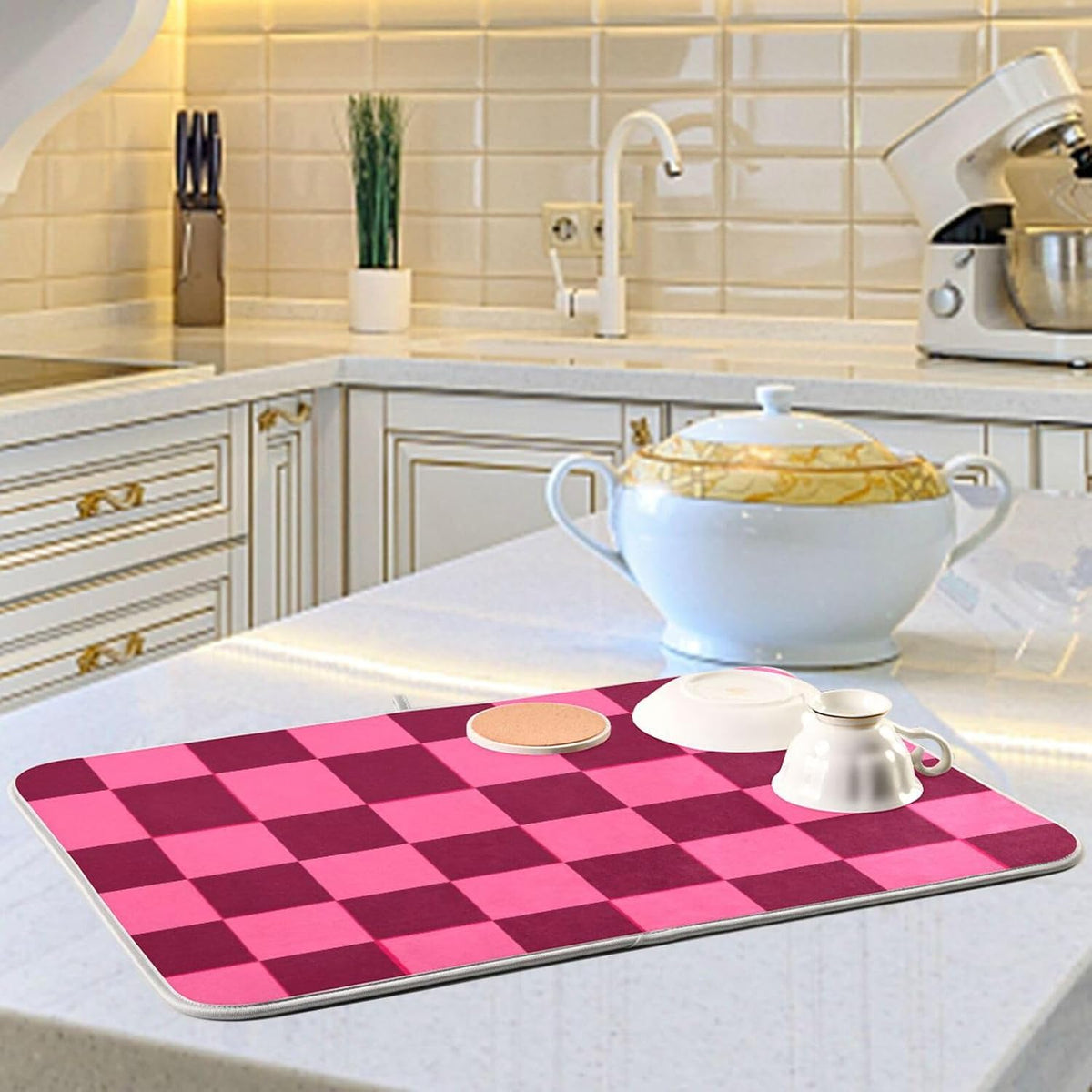 Checkered Hot Pink Dish Drying Mat for Kitchen Counter Kitchen Drying Mat Dish Rack Mat Dish Drainer Pad Microfiber Absorbent Washable Drying Pad for Countertop 16 x 18