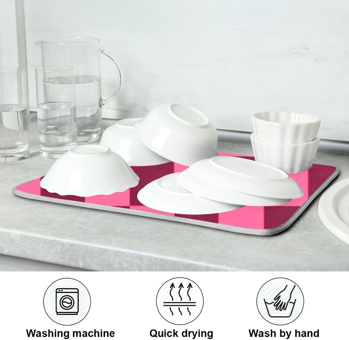 Checkered Hot Pink Dish Drying Mat for Kitchen Counter Kitchen Drying Mat Dish Rack Mat Dish Drainer Pad Microfiber Absorbent Washable Drying Pad for Countertop 16 x 18