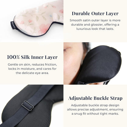 Silk Sleep Mask with 100% Mulberry Silk Inner Layer, Adjustable Strap Eye Mask for Women & Men, Sleep Mask Blackout for Night Sleeping and Daytime Travel (Pink Flower)