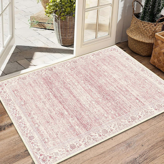 Pink 5x7 Area Rugs for Living Room, Washable Vintage Boho Rug | Non Slip, Stain Resistant, Soft Low Pile Floor Carpet Indoor, for Bedroom Office Kitchen Bathroom
