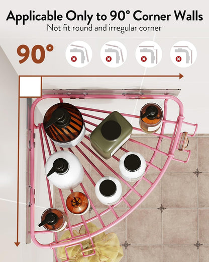 Corner Shower Caddy with 2 Hooks Wall Mounted Metal Bathroom Shelf Storage Organizer Adhesive No Drilling 2 Pack, Pink Only for 90-Degree Corner