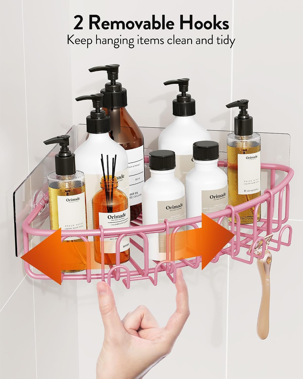 Corner Shower Caddy with 2 Hooks Wall Mounted Metal Bathroom Shelf Storage Organizer Adhesive No Drilling 2 Pack, Pink Only for 90-Degree Corner