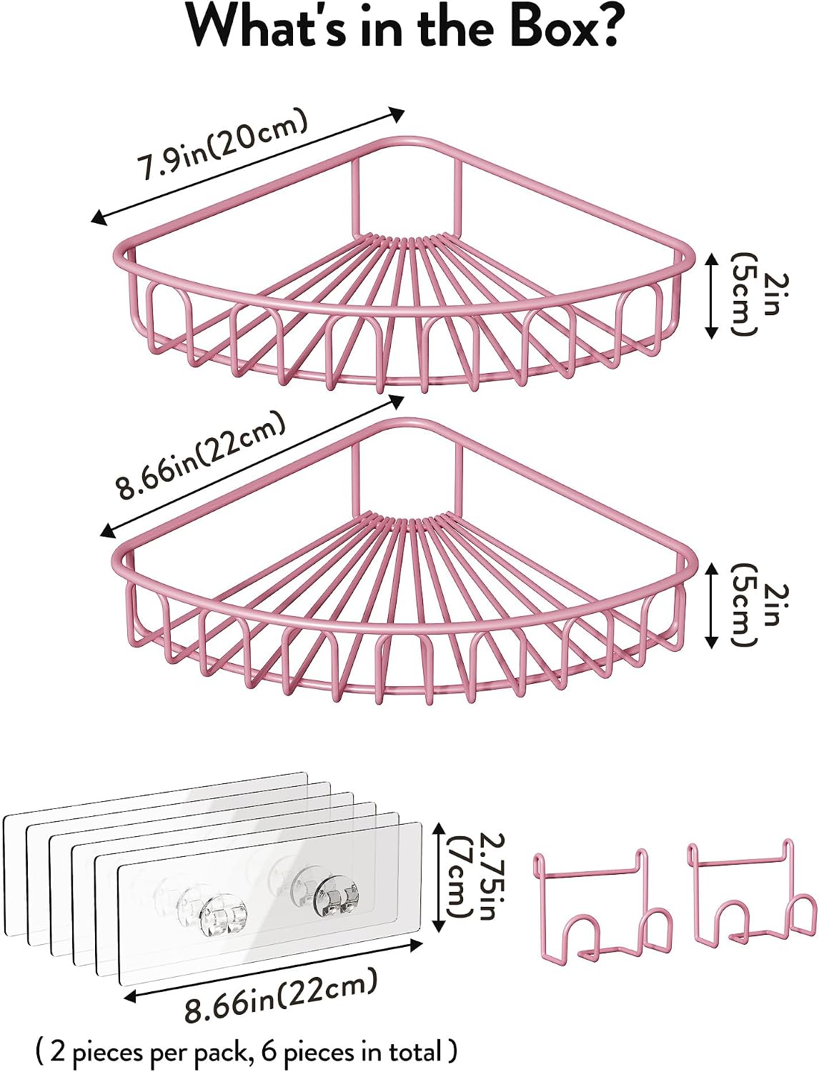 Corner Shower Caddy with 2 Hooks Wall Mounted Metal Bathroom Shelf Storage Organizer Adhesive No Drilling 2 Pack, Pink Only for 90-Degree Corner