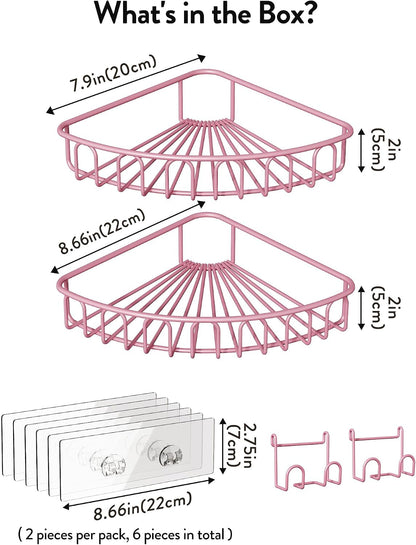 Corner Shower Caddy with 2 Hooks Wall Mounted Metal Bathroom Shelf Storage Organizer Adhesive No Drilling 2 Pack, Pink Only for 90-Degree Corner