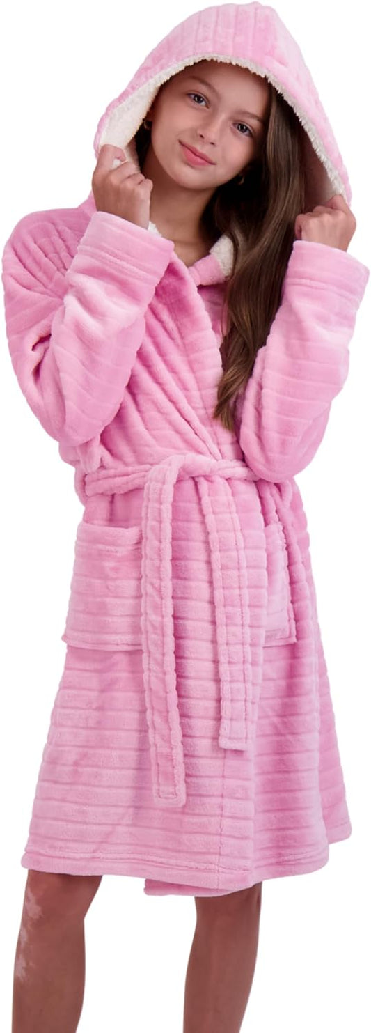 Plush Robe For Girls- Plush Winter PJ Robe With Pockets, Hoodie & Belt- Ultra-Soft Bathrobe