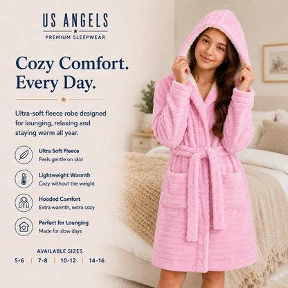 Plush Robe For Girls- Plush Winter PJ Robe With Pockets, Hoodie & Belt- Ultra-Soft Bathrobe
