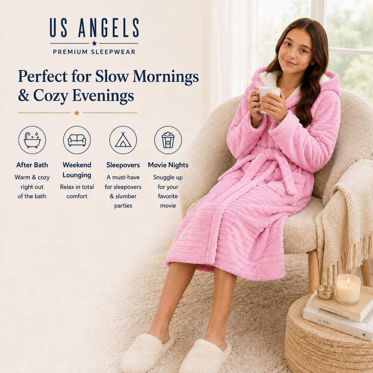 Plush Robe For Girls- Plush Winter PJ Robe With Pockets, Hoodie & Belt- Ultra-Soft Bathrobe