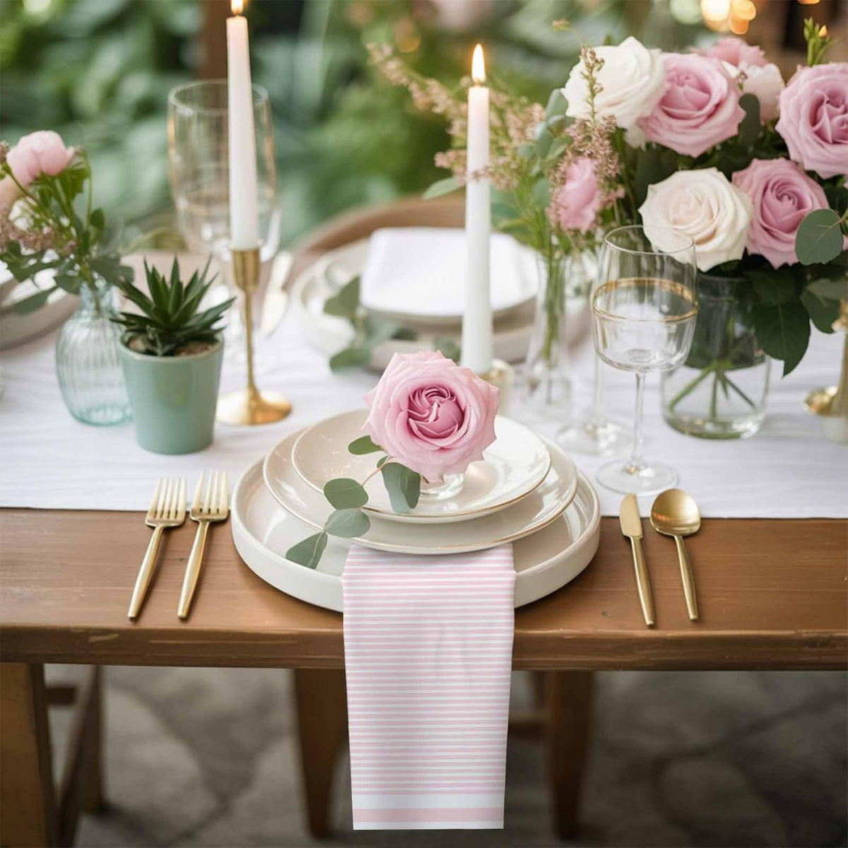 Cloth Napkins 20 x 20 Inch Pink Stripe Soft Absorbent Dinner Napkins Stripe Pink White Washable Reusable Kitchen Napkin Sets for Parties Wedding Restaurant Hotel