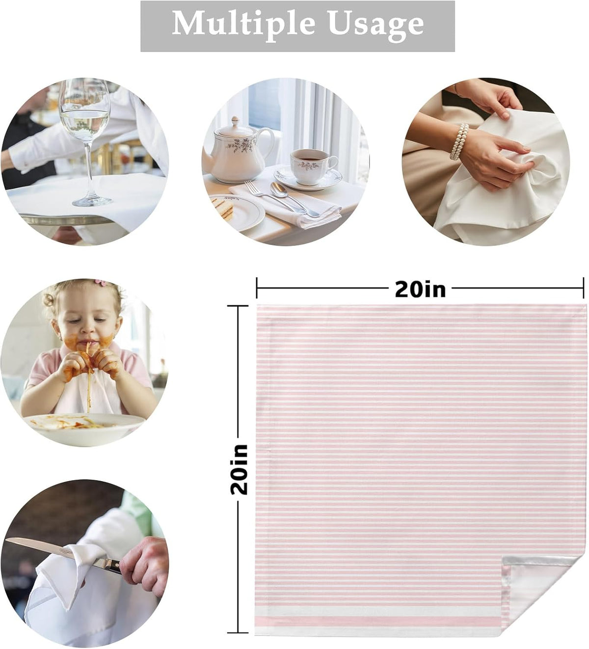 Cloth Napkins 20 x 20 Inch Pink Stripe Soft Absorbent Dinner Napkins Stripe Pink White Washable Reusable Kitchen Napkin Sets for Parties Wedding Restaurant Hotel