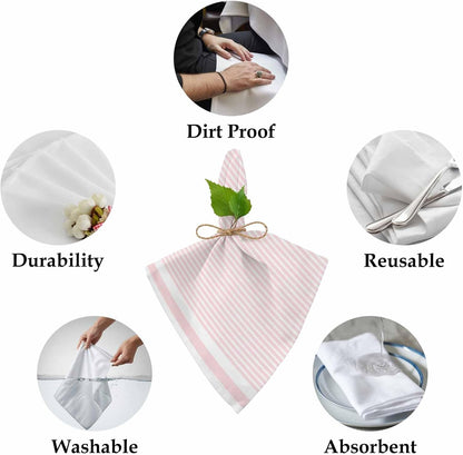 Cloth Napkins 20 x 20 Inch Pink Stripe Soft Absorbent Dinner Napkins Stripe Pink White Washable Reusable Kitchen Napkin Sets for Parties Wedding Restaurant Hotel