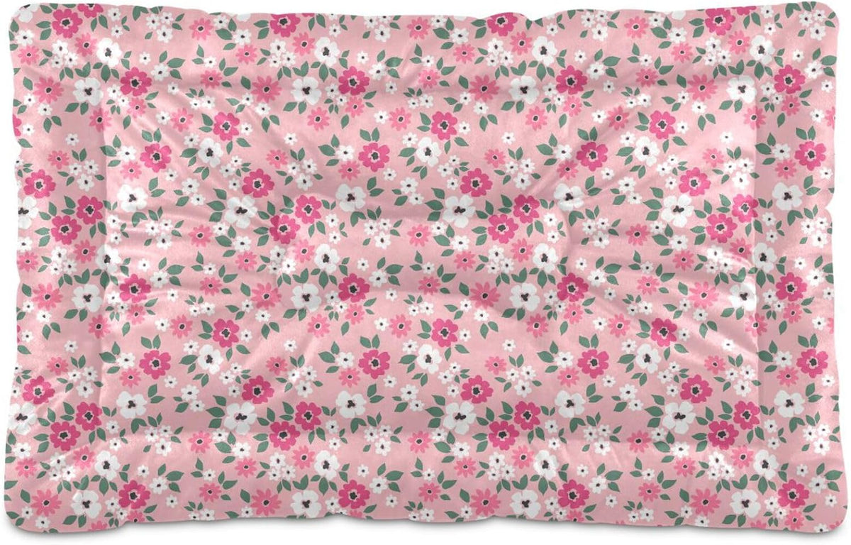 Pink Floral Pet Bed Pad Soft Dog Bed Mat with Anti-Slip Bottom, Machine Washable Crate Pad Mattress for Dog Sleeping