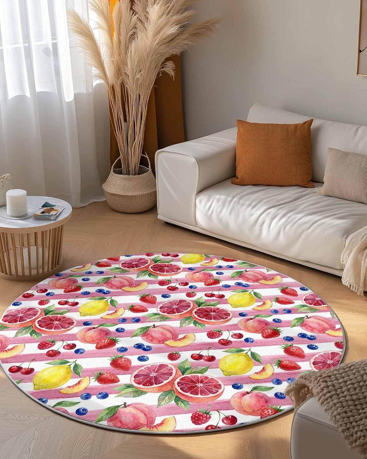 3ft Round Rug,Washable Area Rugs Summer Peach Lemon Grapefruit Soft Circle Indoor Large Carpet Non Slip Floor Rug for Living Room Bedroom Entryway Home Decor Blueberry Strawberry Pink Stripe