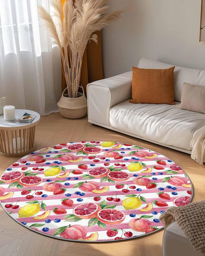 3ft Round Rug,Washable Area Rugs Summer Peach Lemon Grapefruit Soft Circle Indoor Large Carpet Non Slip Floor Rug for Living Room Bedroom Entryway Home Decor Blueberry Strawberry Pink Stripe
