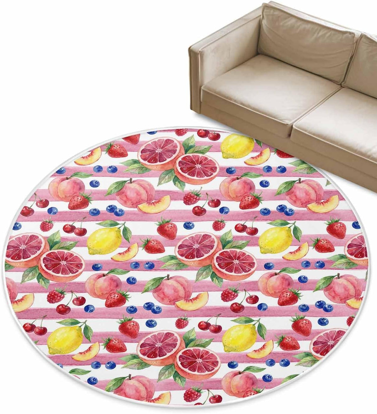 3ft Round Rug,Washable Area Rugs Summer Peach Lemon Grapefruit Soft Circle Indoor Large Carpet Non Slip Floor Rug for Living Room Bedroom Entryway Home Decor Blueberry Strawberry Pink Stripe