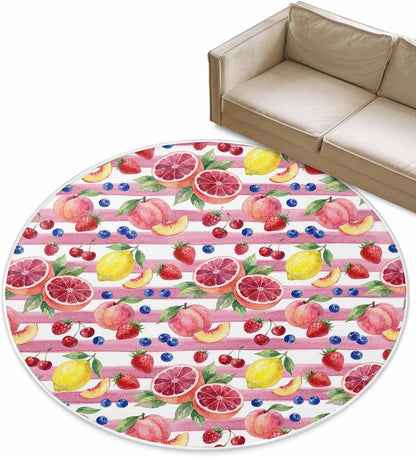 3ft Round Rug,Washable Area Rugs Summer Peach Lemon Grapefruit Soft Circle Indoor Large Carpet Non Slip Floor Rug for Living Room Bedroom Entryway Home Decor Blueberry Strawberry Pink Stripe
